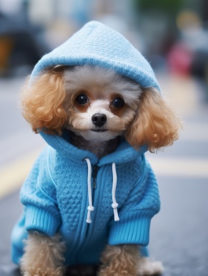 a small dog is wearing a 蓝色hoodie and dog accessories, in the style of mori kei, monochromatic masterpieces, poodlepunk, exaggerated, chic simplicity