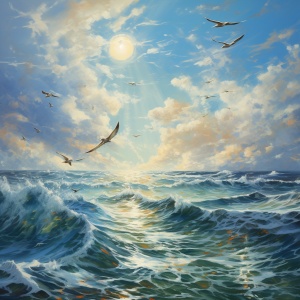 蔚蓝色的大海，波浪翻滚，天上的白云朵朵，雄鹰翱翔