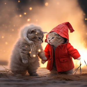 two little cute cattens are playing fireworks on beach, one is British shorthair silver shaded and the other is British shorthair golden shaded, the British shorthair golden shaded wears read sweater and red cap, the British shorthair silver shaded wears white down coat and woolen hat, extreme long shot, side view, romantic and intimateatmosphere, stylish costume design, charming characters, at night, blue sea, moon, festival mood, celebrating for thenew year ar 3:4v 6.0-Upscaled(Subtle)