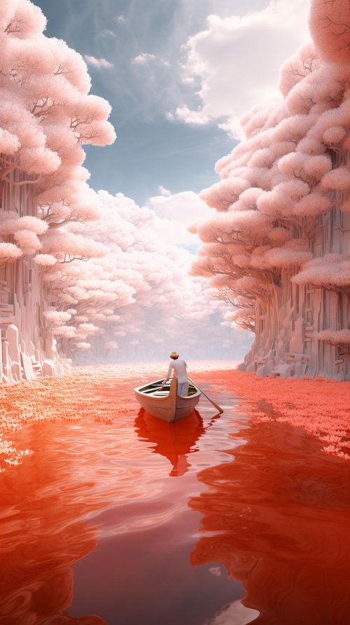 A man in a boat on a rice covered lake, surreal 3d landscape style, intricate landscape, Franciszek Starowieyski, Yanjun Cheng, white and orange, vivid nature scene, fairy tale