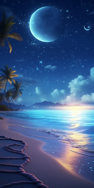 Night, the Milky Way, starlight, the silvery white crescent moon is accompanied by the Milky Way starlight sprinkled on the beach, there are many glowing creatures in the beach, the beach is the shape of love, pebbles, glowing creatures, fluorescent, golden, color, dreamy, super wide-angle light , Unreal Engine, 4K HD,
