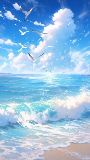 蔚蓝大海，金黄沙滩，海鸥翱翔，工笔画风，34k高清