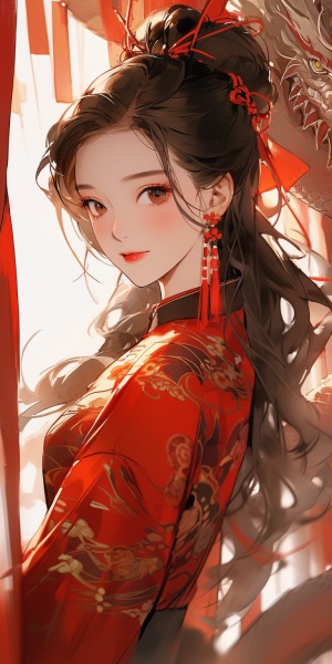 中国红，中国龙，美女，红色衣服，大眼睛