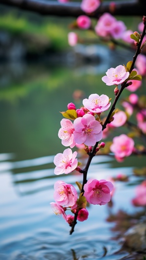 碧绿溪水边的娇艳桃花，与清澈溪水、山峦苍翠共构仙境般的画卷
