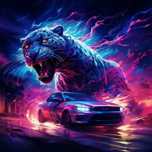 a blue car with lightning behind it and a running Cheetah behind it, in the style of vibrant and colorful, wallpaper, dark magenta and dark black, animal intensity, heistcore, skillful lighting, colorful drawings, side view