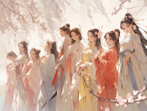 中国古装七仙女与梦幻浪漫的古典建筑背景