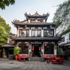中式建筑与柳树的江南街道