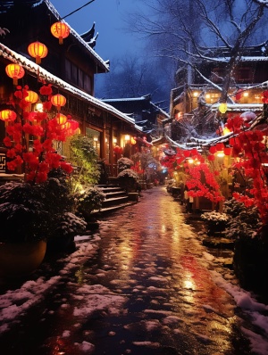 夜晚的红灯笼，彩灯和春联的中国新年氛围