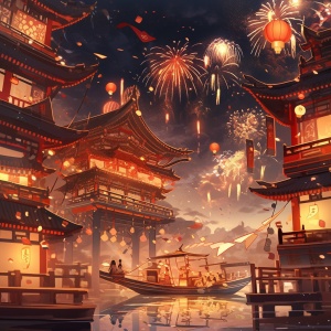 中国宝塔上的烟花与灯笼：浪漫梦幻般的新年景观