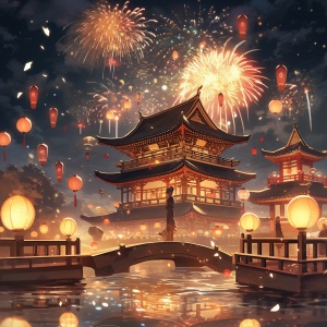 中国宝塔上的烟花与灯笼：浪漫梦幻般的新年景观