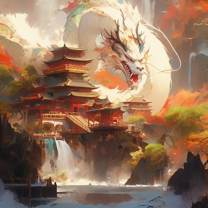 中国艺术插画：龙与油画质感的俯瞰神州大地