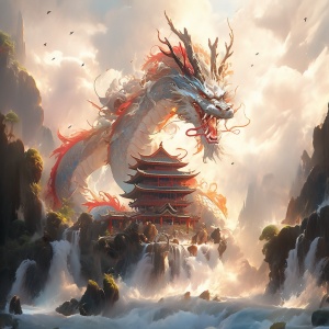 中国艺术插画：龙与油画质感的俯瞰神州大地