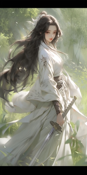 长发飘逸，身着华美的白色剑袍，手握剑柄，眼神坚毅而锐利，一双修长的玉手沐浴在微光之中，双脚微微离地，仿佛在凌空飞行。她的脸庞洋溢着英勇和优雅，并带着一丝温柔的微笑。她所站立的树丛中，绽放着细腻的花朵；周围翠绿的草地倒映着她的完美倩影。她的视线远望着远方，仿佛在等待着一场决战的到来。
