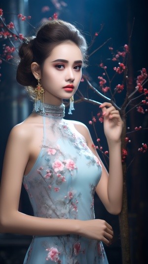 一个亚洲美女、20岁、浅棕色盘丸子头头发，正脸面对观众，穿着浅雾蓝色花纹的修身旗袍，珍珠耳环、珍珠项链，全身照，站在花院中，顶级摄影师作品