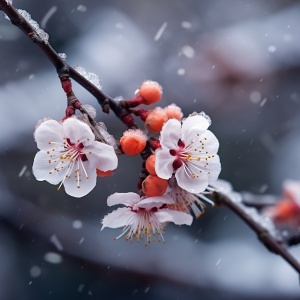 冬日梅花，有雪地，梅花开满大地，雪花飘落，铺满整个大地和梅枝。
