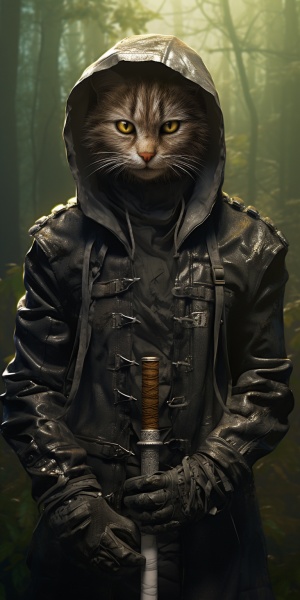a cat dressed in a hood and a leather jacket with a sword in its mouth, in a forest, a 3D render, abstract art, highly detailed, A. B. Jackson