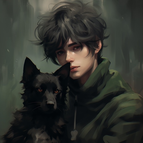 person's anime character and his friend, in the style of dark palette, dark green and dark black, the snapshot aesthetic, shinyglossy, handsome, zuckerpunk, blurred