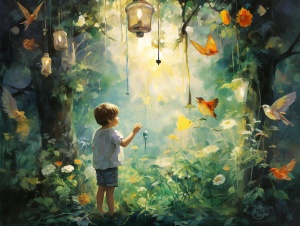 朦胧森林：可爱小男孩儿和萤火虫灯的奇幻画面