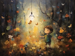朦胧森林：可爱小男孩儿和萤火虫灯的奇幻画面