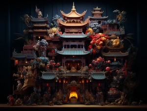 Vibrant Asian Temple on Dark Background: A Photorealistic Carnivalcore Confessional