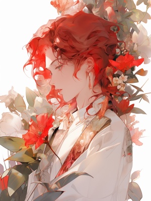 中国现代风格，可爱阳光的18岁美男，红色的头发，鲜花，自然的光亮