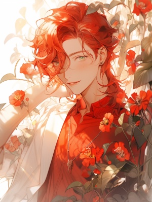 中国现代风格，可爱阳光的18岁美男，红色的头发，鲜花，自然的光亮