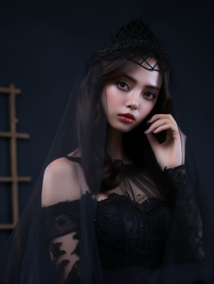 以黑色为主，黑色头纱，黑色婚纱的美女，超细节，高清