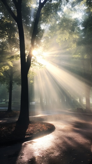 sunbeams on trees in a park, in the style of nyc explosion coverage, virtual and augmented reality, animated gifs, made of mist, pont-aven school, ambient sculptures, i can't believe how beautiful this is