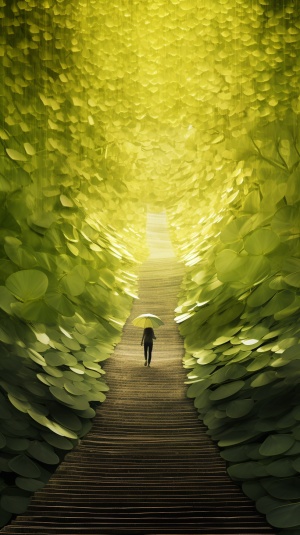 满屏绿色银杏叶，其中一片叶子金黄的，中间山路形状，一位美女行走在中间，光影艺术，超真实，超写实主义，未来主义，超高画质，超清晰，32K