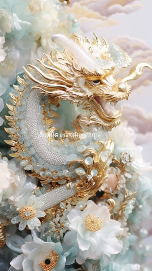 Chinese dragon, claws, tail,full body, Chinese embroidery, Su embroidery art, dragon peony, mother of pearl, beads, gold thread, small pearl string embellishment, light grandmother gold, light white and dark green, detailed, light grandmother white, exquisite craftsmanship, soft and dreamy texture, multiple layers, traditional essence, sky blue and gold, film texture, blurred foreground