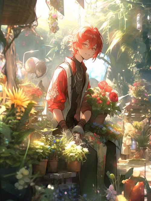 中国现代风格，一位长相可爱阳光18岁红发男子，站在花园当中，3D艺术，鲜花，明亮的色彩，自然光照，最好的质量，全高清8K