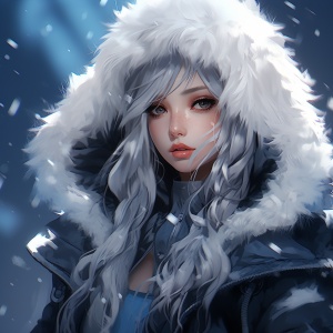 动漫风格少女，穿着雪冰的服装，在浅银和深蓝的风格，浅白和浅蓝，精致的五官，细致的细节，heistcore