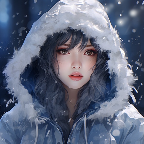 动漫风格少女，穿着雪冰的服装，在浅银和深蓝的风格，浅白和浅蓝，精致的五官，细致的细节，heistcore