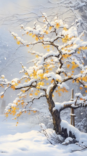 雪中腊梅花树的小清新工笔画，高清画质