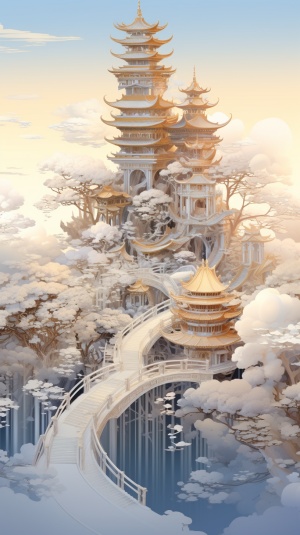 artist xindezhong explores the concept of chinese palace in a white and gold piece, in the style of intricate psychedelic landscapes, luminous 3d objects, ethereal cloudscapes, use of paper, 3840x2160, layered translucency, luminous imagery