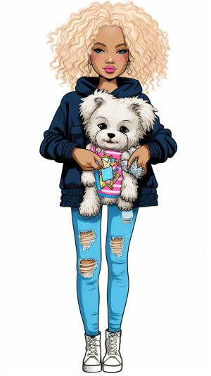 可爱女孩抱小狗的卡通插图，白色背景，粉蓝基思·哈林风格，垃圾美混合图案