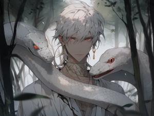 森林内，一条白色的大蛇和一位穿着白色衬衫，头发是浅灰色的18岁男子