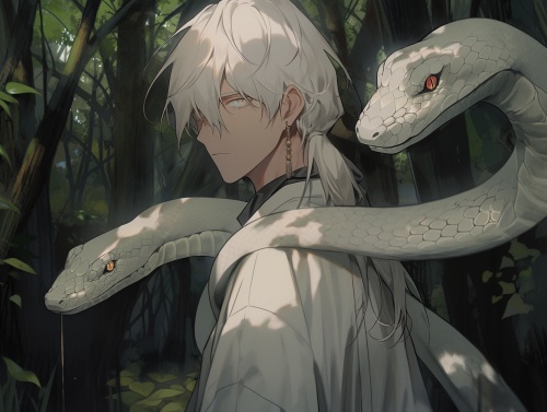 森林内，一条白色的大蛇和一位穿着白色衬衫，头发是浅灰色的18岁男子