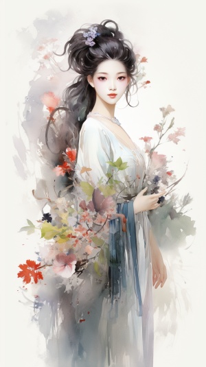 中国彩色水墨，中国古典元素，古典美女，光泽，细腻，灵动，大气，炫彩，壁纸，32K高清画质