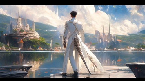 一个白衣少年手持长剑，站在豪华大船上，五官精致，看着湖面，环境优美，8K高清分辨率，全景展示