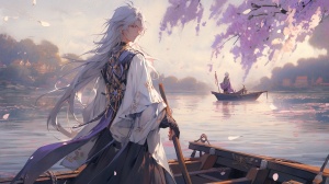 一个身穿紫色汉服的少年手持长剑，银色长发，站在豪华大船上，五官精致，看着湖面，环境优美，古风风格，8K高清分辨率，全景展示