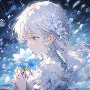 Luminous and Dreamlike: A Girl with White Hair Holding a Crystal White Flower