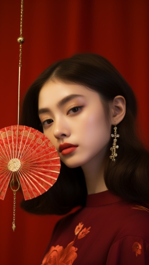a beautiful woman is showing her face while holding a red fan, in the style offan ho, modern jewelry, janice sung, close-up, miwa komatsu, gold leaf, 8kresolution