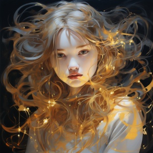 A Chinese girl's face, golden hair and yellow light, romantic illustration in the dark, free flowing lines, light gray and bronze style, I can't believe how beautiful this is, colorful drawing, tangled nest, glowing reflection