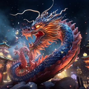 3D中国龙，腾飞在喜庆的新年夜晚上空