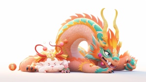 Lovely Chinese dragon and a cat, Chinese dragon, colorful cartoon characters, white background, colorful cartoon characters, colorful clothing,3d render , OC render, Best quality , 4K , Studio lighting