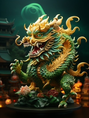 中国龙3D画面清晰光角拍摄绿色背景新年喜庆最佳质量高细节生龙猛虎