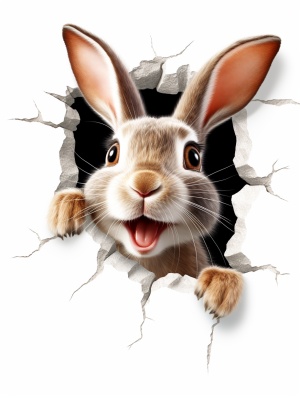 dorable rabbit out of the wall , laughing , eye contact ,3d sticker , white background