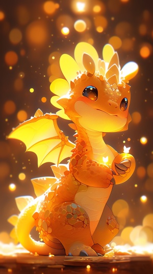 可爱的龙，穿着金色发光的衣服，闪闪发光的背景，黄色光芒，3D艺术