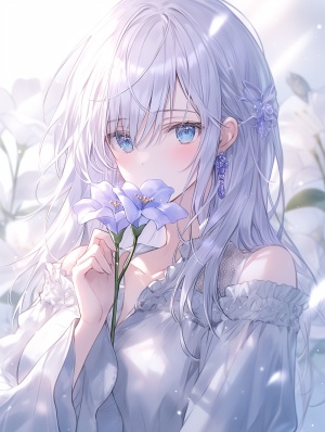 Luminous Dream: A Girl with White Hair and Crystal Flower